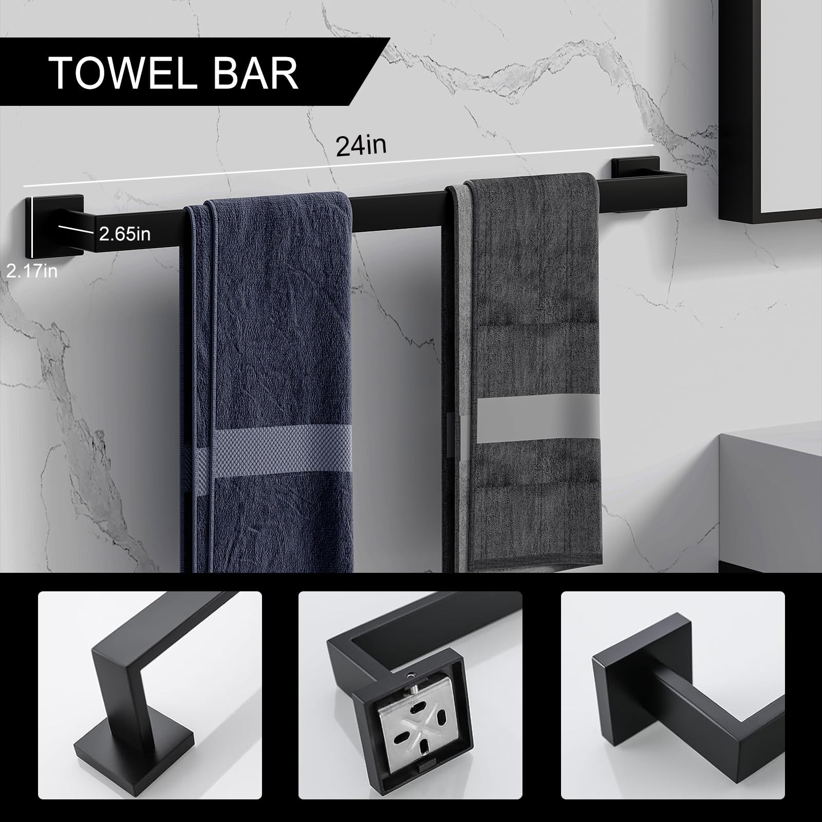 5-Pieces Matte Black Bathroom Hardware Accessories Set, Sus304 Stainless Steel Bath Towel Bar Set, 24 Inch Towel Racks For Bathr